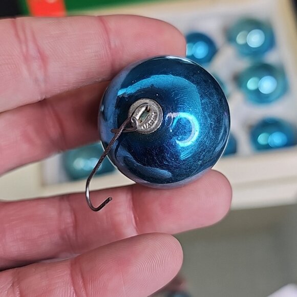 Vintage Glass Christmas Balls Ornaments Baubles BLUE Round Japan Caps Set Of 12 - Picture 6 of 14
